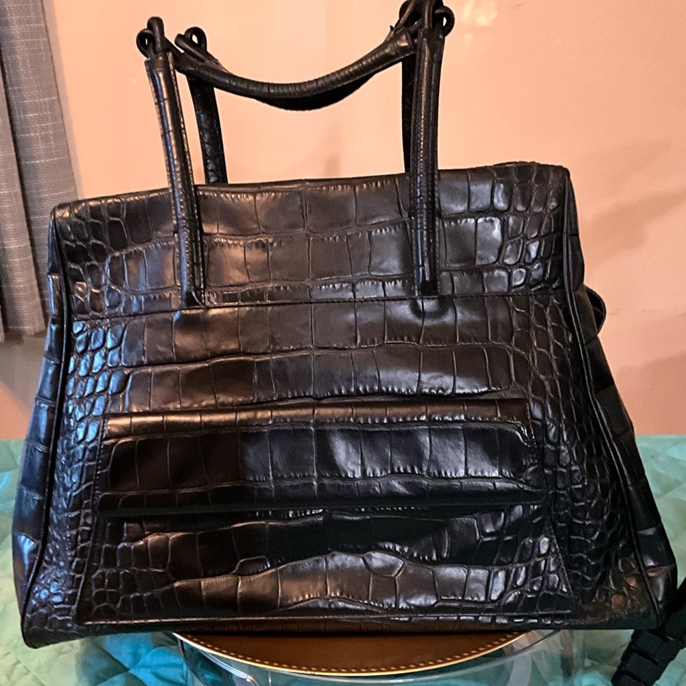 Natori Rare Vintage Italian Leather Black Crocodile Embossed Tote Bag PRISTINE